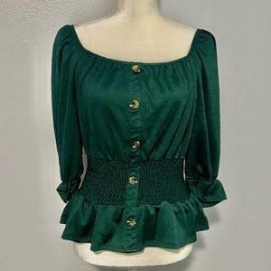 meraki dark hunter green blouse, 3/4 sleeve, gathered waistline, very pretty
